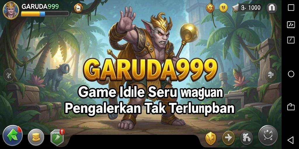 Screenshot utama GARUDA999 menampilkan karakter yang bergerak dan mengumpulkan sumber daya.