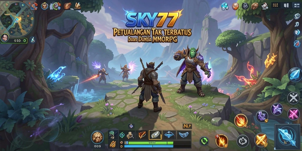 Tampilan gameplay <strong>SKY77</strong> saat bertarung melawan monster di dunia fantasi.